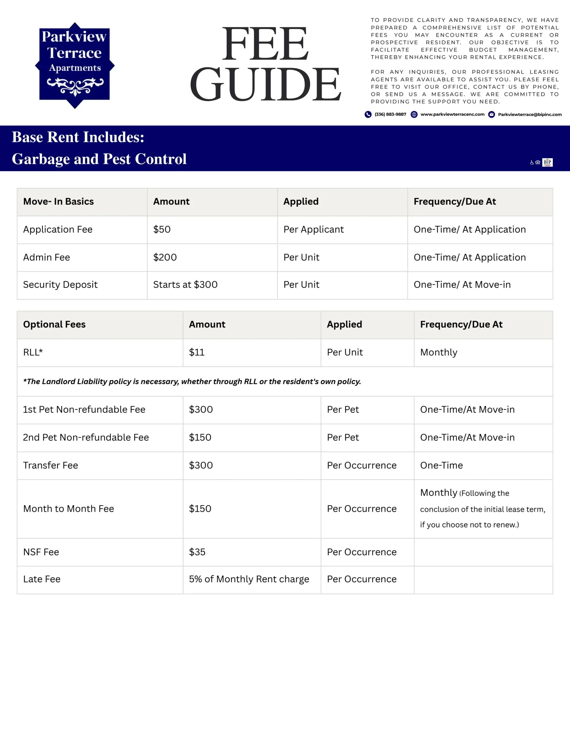 Parkview Terrace Fee Guide Updated 6.12